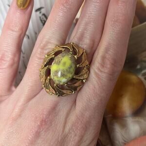 Vintage Gold Tone Ring with Light Green Resin Stone